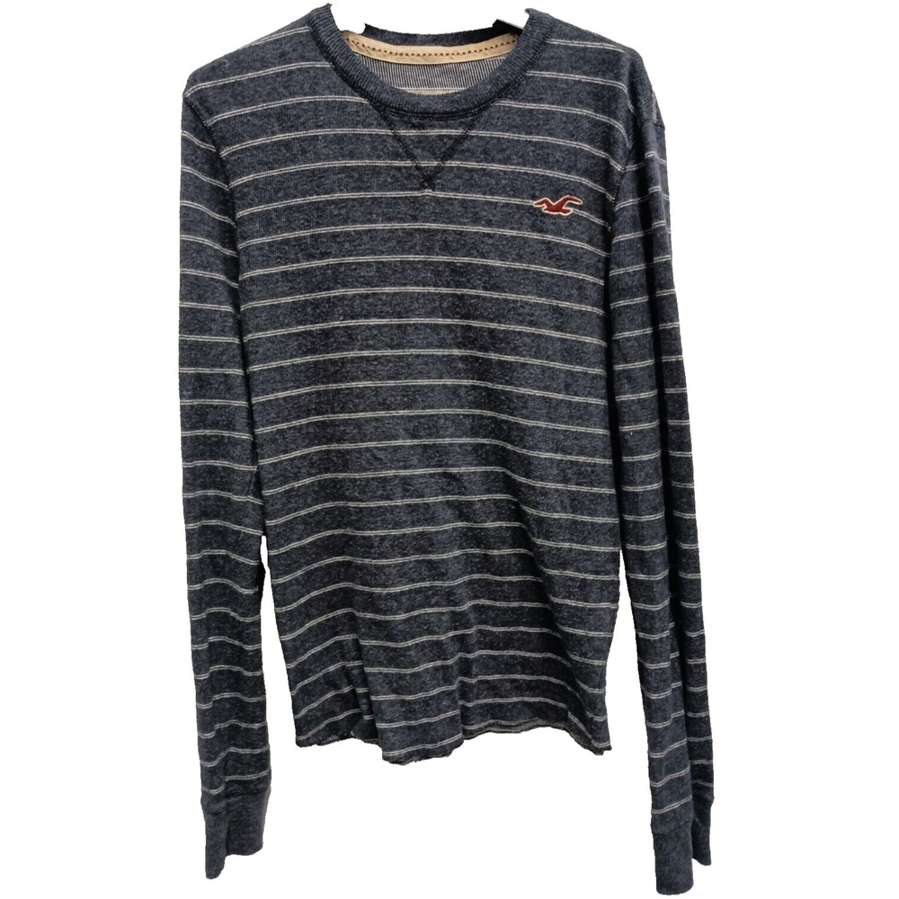 Y2k Hollister Sweater Mens Size Large Gray Striped LOGO Crew Neck Pullover